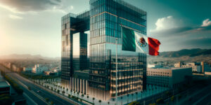 Todo Sobre Seguros, Empresas, nearshoring en México, seguros empresariales, edificio empresarial, bandera mexicana.