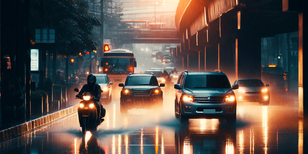 Todo Sobre Seguros, Vehículos, conducción segura en temporada de lluvias, tráfico urbano, día lluvioso, seguridad vial. 