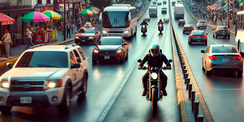 Todo Sobre Seguros, Vehículos, Riesgos de conducir en CDMX, cotizar seguros de moto, tráfico en CDMX, motociclista en tráfico, calles congestionadas, seguridad vial, protección en moto.