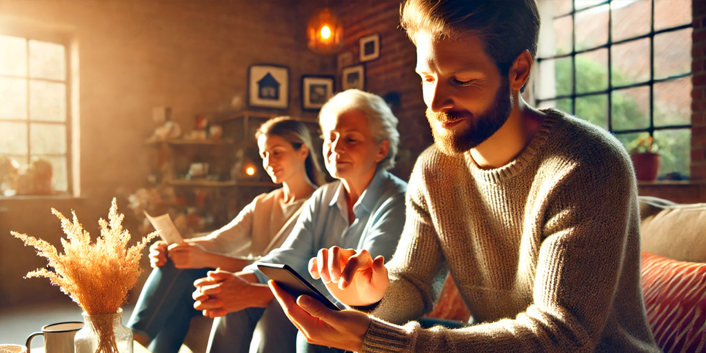 Todo Sobre Seguros, General, Riesgos de dinero en casa, tarjeta de débito, cuenta digital, una familia usando una aplicación de banco en su teléfono.