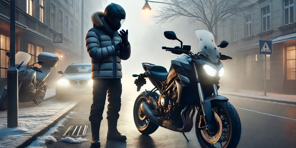 Todo Sobre Seguros, Vehículos, Consejos para motos en invierno, seguro de moto, cotizador de seguros, conductor ajustando casco, protección personal en invierno, ropa térmica